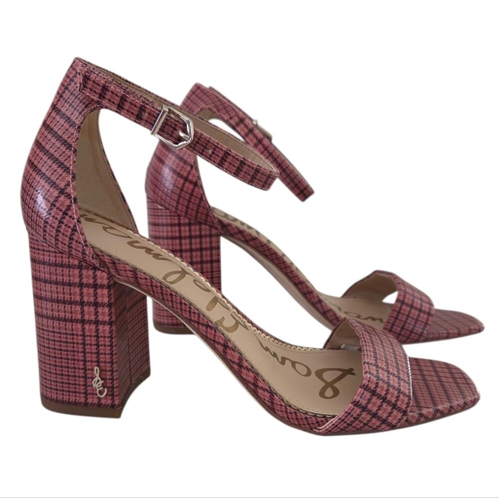 Sam Edelman Sz 7.5 Daniella Leather Pink Plaid Open Toe Strappy Heeled Sandals